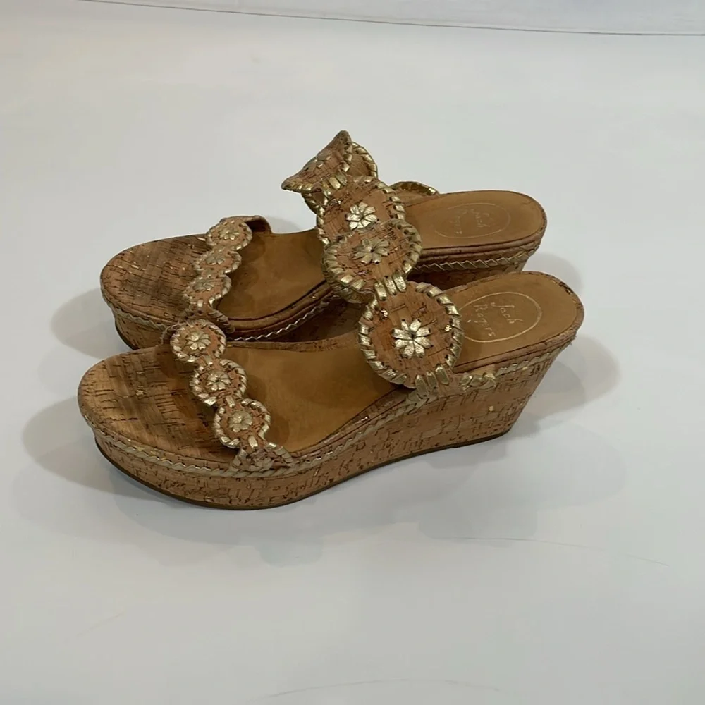 Jack Rogers Cork Wedge Sandals Size 9.5 Gold Trim